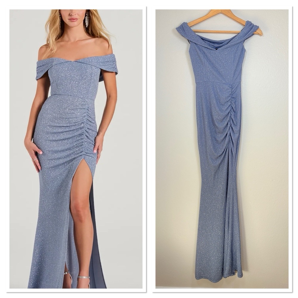 NWT Windsor Off Shoulder Glitter Maxi Column Dress Purple Old Hollywood Glam XS - Picture 1 of 12
